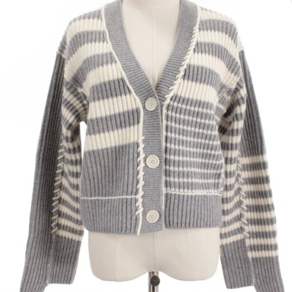 Simkhai NWT Adara Cardigan Sweater Size XS in Gray/Ivory Stripes Wool/Cashmere
